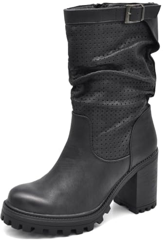 IF FASHION Stivaletti Strivali Tronchetti Aricciati Con Tacco Grosso Plateau Pelle Sintetica Da Donna G675 nero N.37