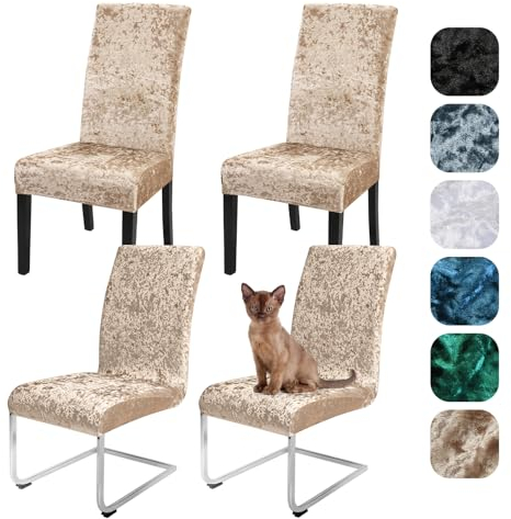 Alishomtll Samt Stuhlhussen 4er/6er Set Zerknitterter Samt Stretch Stuhlbezug Schwingstühle Elastische Hussen Abnehmbare Waschbarer Stühle Schutz für Esszimmer Bankett Hochzeit (Champagne, 4 Stück)