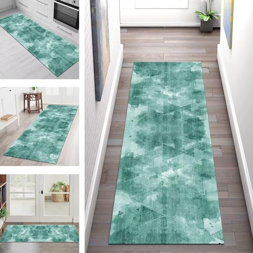 Teppich Läufer Lang Küche Flur Teppichläufer Rutschfest Waschbar Küchenläufer Teppichmatten Türkis Abstrakt Schmutzfangmatte 90X500CM Meterware Läufer Teppich Wohnzimmer Schlafzimmer Küchenteppich