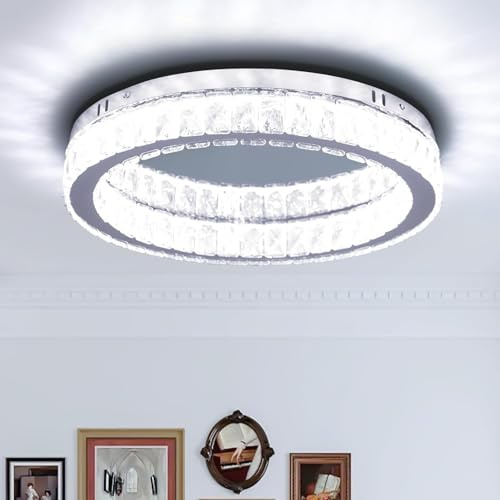 Fintonglan 17.7 Crystal Flush Mount Ceiling Light Fixtures Modern Round LED Chandelier Light Fixture Ceiling Lamp for Living Room Dining Room Kitchen 48W 6000K