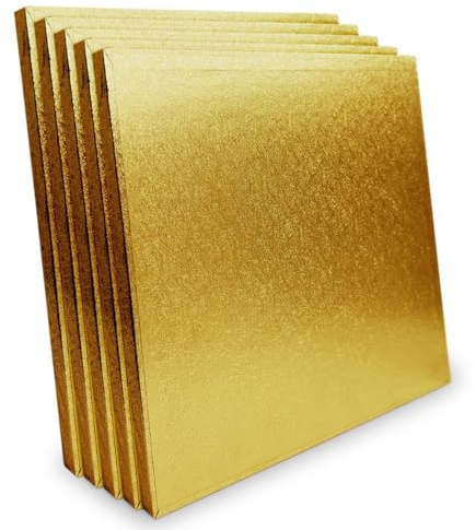 LARRYROO Pack of 5 Square Cake Drums 13mm Thick Boards Colourful Foil Covered (Gold, 12 Inches)