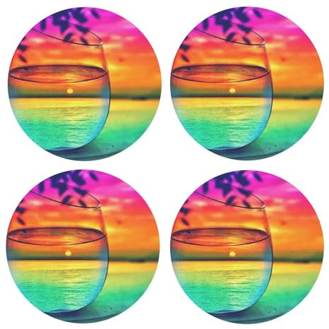 Bunte Glasuntersetzer für Getränke, Sonnenuntergang, Wasserbecher, rund, bedrucktes Muster, MDF, Kork-Untersetzer, 4 Stück, Kaffeetassenmatte, Öse