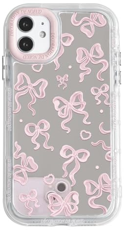 NITITOP für iPhone 12/12 Pro Hülle Spiegel Schleife Liebe Herz, Blass Rosa | Süßes Bow Fliege Muster, für Frauen Mädchen, Glitzernd Design, mit Buntem Rahmen, Stoßfeste Handyhülle