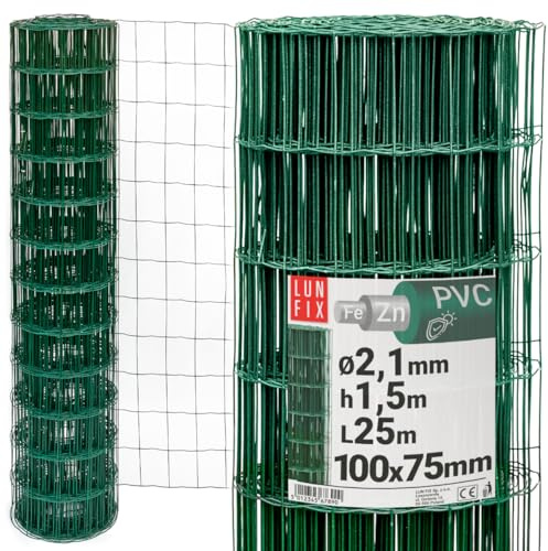 Maschendrahtzaun 10 x 7.5 cm Ø 2.1 mm 1.5 m x 25 m verzinkter Stahl Grün | PVC-beschichtet, Gartenzaun Hundezaun Wildzaun Hühnerzaun Drahtgitter Zaun Schweißgitter