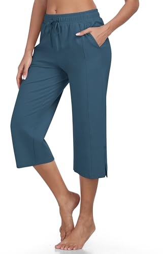 JINSHI Dam, 3/4 byxor, sommar, capribyxor, bomull, fritidsbyxor, joggingbyxor, utomhusbyxor, yoga, sportbyxor, sweatbyxor med ficka, Havsblått, XL