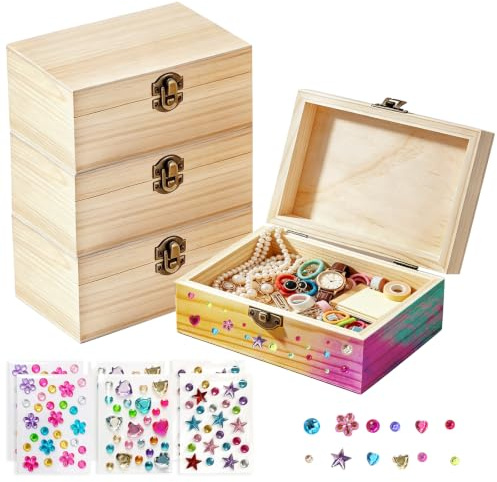 WANDGU 4 Stück Mini Schatzkisten aus Holz – 15 x 10 x 6 cm Naturbelassene Holzkisten mit Deckel inkl. 6 Bunter Diamant-Aufkleber – DIY Bastelbox, Aufbewahrungsbox & Deko-Truhe