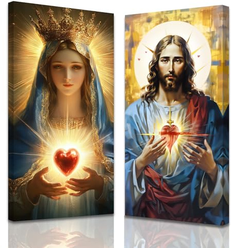 ZXHYWYM Stampa artistica da parete cristiana del Sacro Cuore di Gesù e Maria con Gesù e Vergine Maria, stampa su tela, pittura cattolica, decorazione con cornice (blu, 2 pezzi, 2 pezzi)