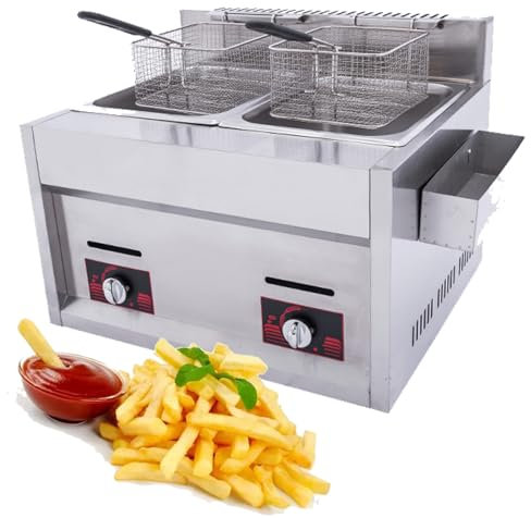 Friteuse à gaz LPG, friteuse commerciale à double réservoir de 20 l avec paniers, contrôle de la température réglable pour un usage domestique et commercial, mesures