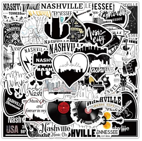 Nashville Music City Stickers 50 Pcs Waterproof Funny Nashville Tennessee Sticker for Laptop Skateboard Water Bottle Scrapbook Luggage Car Helmet Computer,Vinyl Trendy Music Sticker for Teens Adults