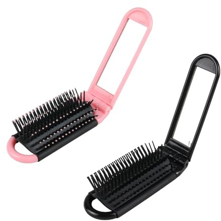 2 Pcs Travel Hair Brush with Mirror, Mini Folding Hairs Brush for Wet and Dry Hair, Portable Pocket Size Comb, Foldable Massage Brusha for Women and Men, Compact Travel Comb Set (Pink, Black)
