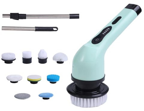TFixol Cordl Electric Cleaning Automatic Kitchen Dishwashing Brush Bathtub Tile Professional Cleaning Tool with Rod Green green cleaning brush with 9pcs brushes