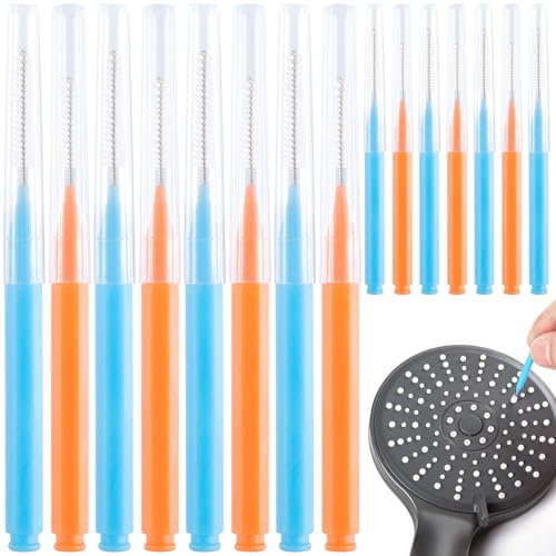 CustomyLife Lot de 15 cure-têtes de douche, petits trous anti-obstruction pour pommeau de douche, brosse de nettoyage pour la maison et la salle de bain - Bleu et orange
