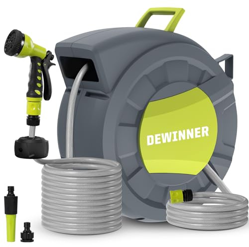 DEWINNER Garden Hose Reel, Wall Mount Auto-Reel with Spray Nozzle, Mounted Auto Rewind Holder Storage, Heavy Duty Hanger, 30M Hose Pipe for Outdoor Watering