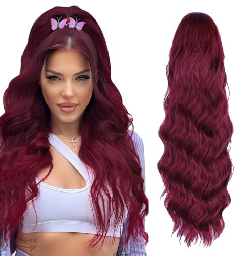 AOWVUTS Coda Cavallo Extension con Coulisse 65cm Lunga Ondulati Ricci Mossi Coda di Cavallo Sintetici Finta Capelli Posticci Extension Capelli per Donne Uso Quotidian (Rosso)