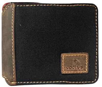 Mala Leather Canvas & Hunter Leather Zip Around Wallet – RFID Protection, 6 Card Slots, Note Section, Zipped Coin Pocket, ID Window – 11 x 9 x 2 cm - Cactus (Black)