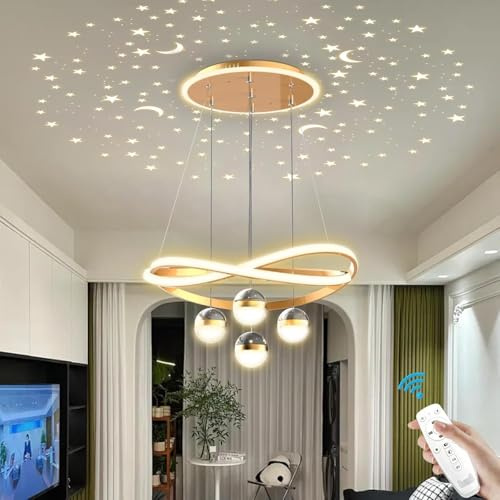 AroimRex Modern Gold LED Chandeliers Dimmable Pendant Light Dining Room Light Fixtures Over Table with Remote Control Adjustable Modern Hanging Lamp with Star Projector for Kitchen Island Living Room