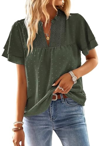 TUUHAW Abito Donna Estivo Taglie Forti Boho Top Manica Corta Casual Camicetta Volant Elegante T-Shirt Scollo a V vestibilità Ampia Bluse Vintage Base Moda Maglie Pizzo Ricamato Blusa Verde 5XL