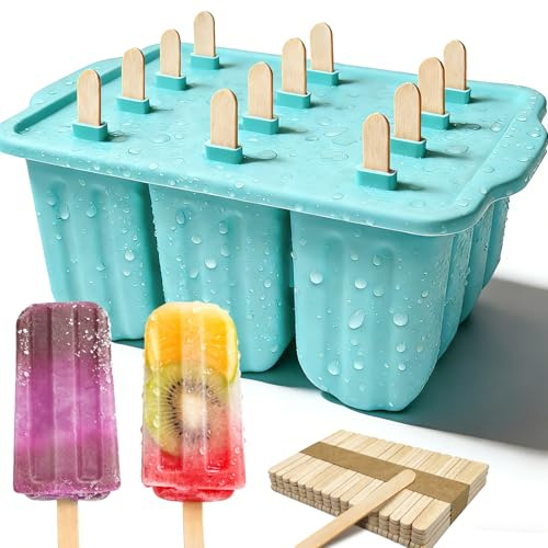 Slomg 12 Pieces Silicone Popsicles Molds, Reusable Popsicle Maker Holder with 50 Sticks, DIY Ice Cream Cake Pop Mold for Homemade Frozen Dessert Juice Fruit Easy Release Mint Green