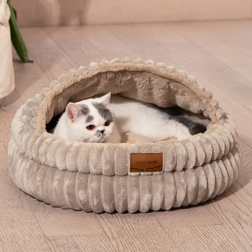 CHEERPALS Cat Cave Bed for Indoor Cats, Washable Covered Cat Bed Hooded Kitty Bed Soft Fluffy Pet Bed for Puppy and Small Dog(Khaki)