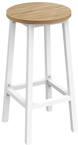 NMK HOME Barhocker rund 65 cm hoch – Küchenhocker mit Metallgestell weiß und Sitzfläche Eiche Sonoma, Stabiler Hocker mit Fußstütze für Küche oder Bar