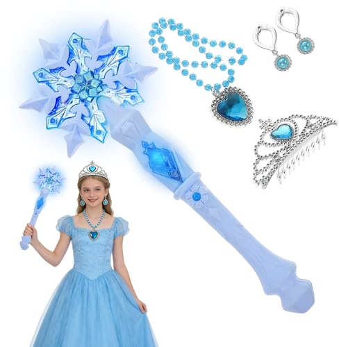 WDKXCN Copo de nieve varita mágica con purpurina, copo de nieve mágica con música, varita mágica LED con collar, pendientes y corona, princesas luminosas para fiestas, cosplay y festivales