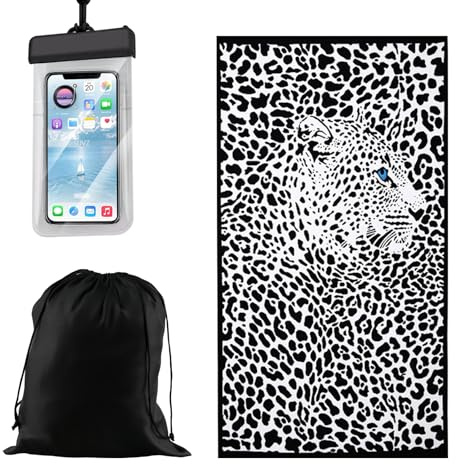 quiodok Strandtuch Schwarz-Weiß Leopardenmuster Tiermotiv mit wasserdichte | Handytasche und Aufbewahrungsbeutel, Reisehandtuch Badetuch für Strand Sport Yoga Sauna Strandhandtuch 100x180cm