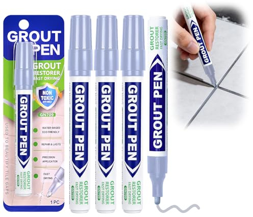 4 Pack Light Grey Grout Pens, Tile Grout Reviver Marker for Bathroom & Kitchens, Easy-Use Tile Paint Repair Pen Whitener to Restoring Discoloured Faded Joints on Wall & Floor Tiles