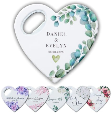 Bomboniere personalizzate per matrimonio, apribottiglie magnetico a forma di cuore con biglietto di ringraziamento, regalo per gli ospiti dell'addio al nubilato (Solo Apribottiglie) (Set da 30)