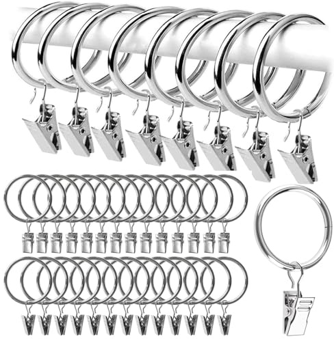 50 Stück Gardinenringe Mit 50 Stück Vorhang Clips, Metall Vorhangringe, Gardinenhaken für Ringe Klammern für Vorhänge,Gardinenstangen und Duschvorhänge, 32mm Innendurchmesser (Silber)