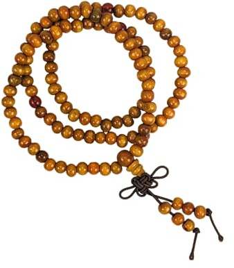 Coco Papaya Bracelet Tibétain, Mala en perles de bois 6mm + noeud sans fin. Coloris camel