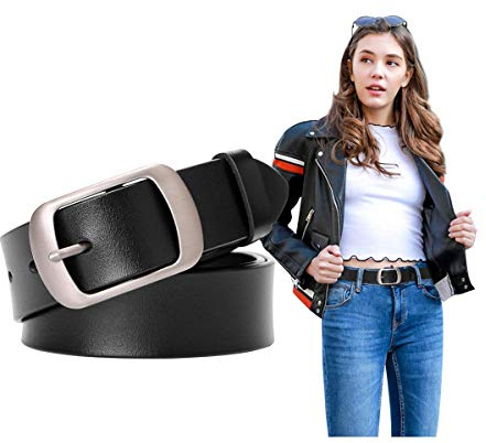 SUOSDEY Mode damläderbälten för jeansbyxor med metallstiftspänne damer retro vintage läder midjebälte, A-svart, midja 92.5 cm-105 cm-L