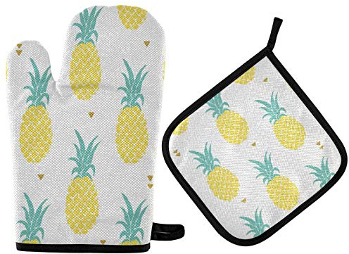 Mnsruu Yellow Pineapple Triangle White Oven Mitt and Pot Holder Set Heat Resistant Kitchen Glove for Cooking Baking Grilling Barbecue