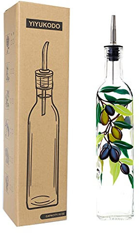 YIYUKODO 17oz Hand Painted Glass Olive Oil Bottle Dispenser - 500ml Green Oil & Vinegar Cruet with Pourers - Olive Oil Carafe Decanter for Kitchen (olive2)