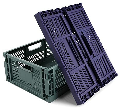 Spesh 2 Pezzi Casse Pieghevoli Contenitori Impilabili Cestini di Immagazzinaggio in Plastica con Manici per Cucina, Soggiorno, Ufficio (40 * 30 * 15 cm, Blu+Verde Scuro)