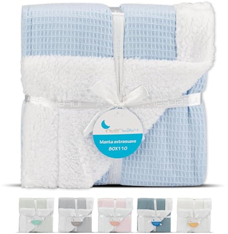 Interbaby - Manta Bebe Recien Nacido | Manta Algodon Bebe y Poliéster, Terciopelo, Suave, Cómoda, Cálida | Manta Meses Bebe 80x110cm, para Cunas, Carritos | Universo + Borreguillo Azul