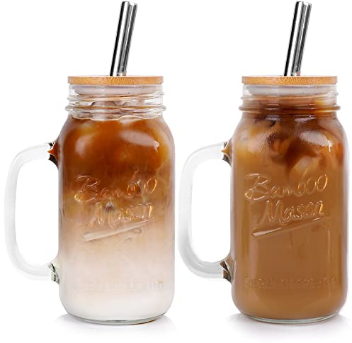 ANOTION Mason Jar with Lid and Straw, 24 oz Regular Mouth Mason Jars with Handle Drinking Glasses Tumbler Reusable Cups Smoothie Water Bottles for Iced Coffee (Classic 2 cups Style)