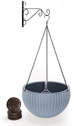 YEHIKO Komplettset Blumentopf Hängend Pflanzen 34cm - Selbstbewässerung - Inklusive Wandhaken, Kette und Kokoserde - für den Innen und Außeneinsatz geeignet - Wand Deko (Grau)
