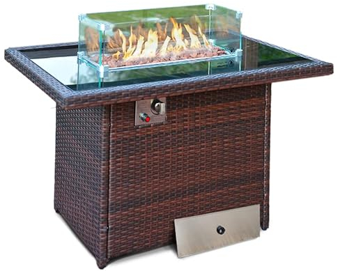 Rattan Gas Fire Pit Table with Lava Stones, Removeable Wind Guard & Lid Cover - Outdoor Table Top Fire Pit for Garden, Patio, Conservatory - FREE RAIN COVER INCLUDED (Dark Brown)