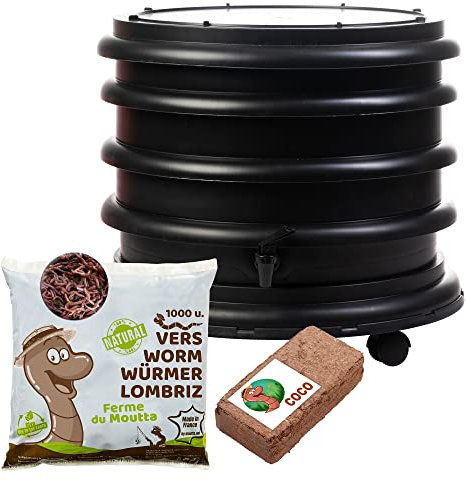 WORMbox | Wormery Worm Farm composter 2 Black Trays + 500gr of Compost Worms / 1000 ctn + 1 Coco | 32 liters | Organic Waste Compost, make your Worm Castings