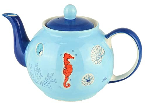 Mila Keramik-Teekanne Save the Ocean ca 1,2 Liter maritime Kaffee-Kanne Cafe-Pot Krug mit Meer-Motiven Seestern Seepferd Koralle Krabbe Krebs