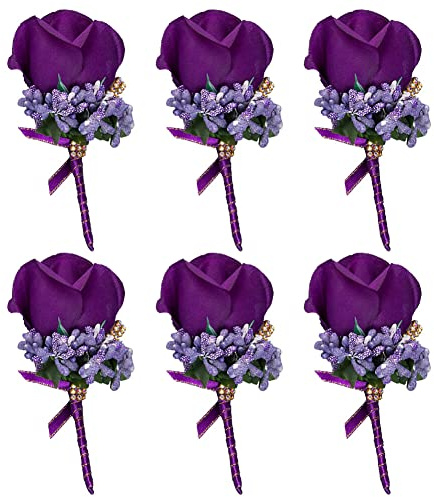 6 Stück Hochzeit Braut Blumen Anstecker,Handgefertigte Rose Bräutigam Boutonniere Hochzeitsbrosche Blumenstrauß Korsage künstliche Blumen für Party Prom Männer Anzug Dekoration,Lila