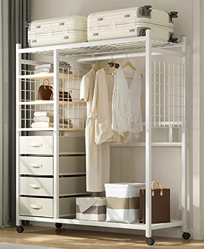 Kleiderständer Auf Rollen Metall Garderobenständer Offener Kleiderschrank Freistehender Kleiderbügel Schlafzimmer Mit Unterem Lagerregal, Bis 100kg Belastbar, 118X40X165cm