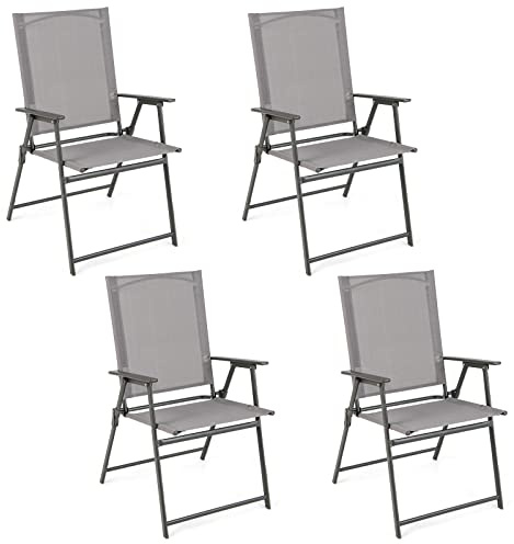 GIANTEX Lot de 4 Chaises de Jardin Pliables à Dossier Haut, Chaises de Balcon avec Accoudoirs et Cadre Métallique, Siège d’Extérieur Pliant en Textilène, Charge Maximale 150 KG, Gris