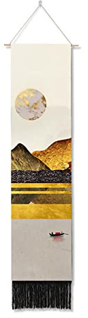 Ricemru Schmaler Wandteppich Gold Berge Wandbehang Berggipfel Sonnenaufgang Rudern Wandtuch Natur Bergeandschaft Wanddeko Tapestry Wandkunst Deko