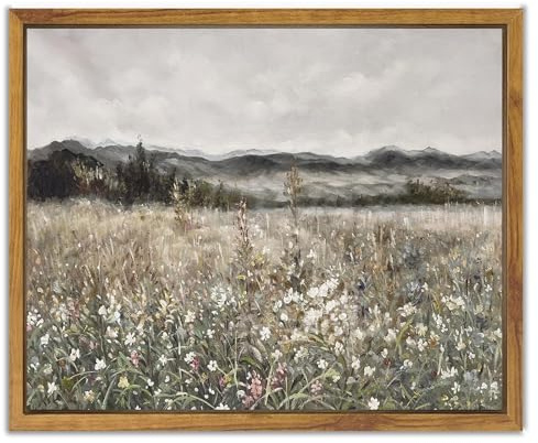SHENIFY Leinwandbild, Vintage-Stil, klassisches Ölgemälde, Blumenfeld, Raumdekoration für Badezimmer, Schlafzimmer, Wohnzimmer, 20,3 x 25,4 cm, natürlicher Rahmen