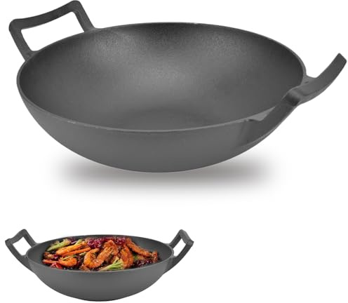 Chinese Cast Iron Pan, 32Cm Thickened No Coating Dual Handles Wok Pan, Iron Pans Without Lid for Cooking