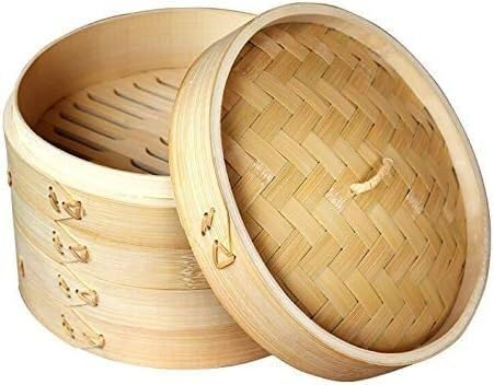 Una Gabbia e Un Coperchio Cottura a Vapore in bambù for Riso con Pesce Set di cestini for Snack vegetali Utensili da Cucina Vaporiera for Gnocchi (Size : 25cm 3 Steamer 1 Lid)