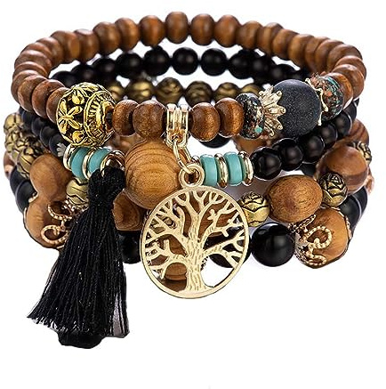 Cubahop pompon multicouche perle de bois empilable Bracelet coloré bracelets fantaisie arbre de vie élastique coloré accessoires pour femmes et filles