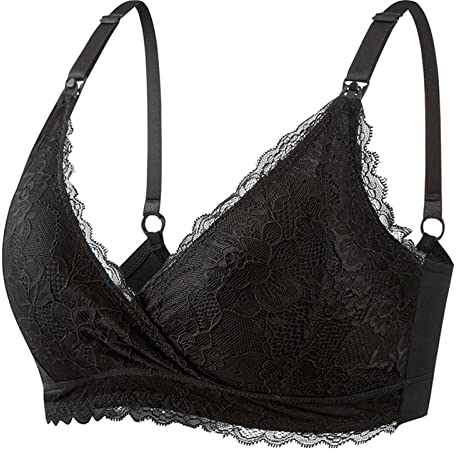 Still BH Ohne Bügel Bequem Umstands-BH Still BH mit Spitzen Damen Still BH Ohne Bügel Leicht Gepolstert Triangel-BH Mit Spitze Schwangerschafts BH Damen Breastfeeding Bra (Black, L)