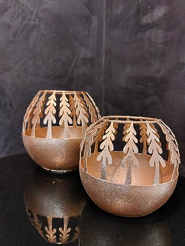 Festliches 2er Teelichthalter Set Kerzenhalter Windlichter Gold Glitzer Weihnachten Tannenbaum